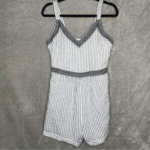 Japna Blue White Striped Short Romper Embroidered V-Neck Size Large NWT